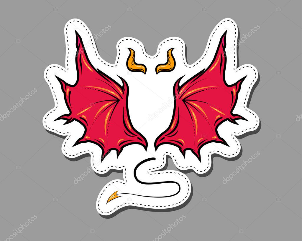 Demon cartoon comic style attribute elements. Vector art of wings, horns and tail. Concept illustration of Evil. Label, sticker, tag design. Isolated on gray background