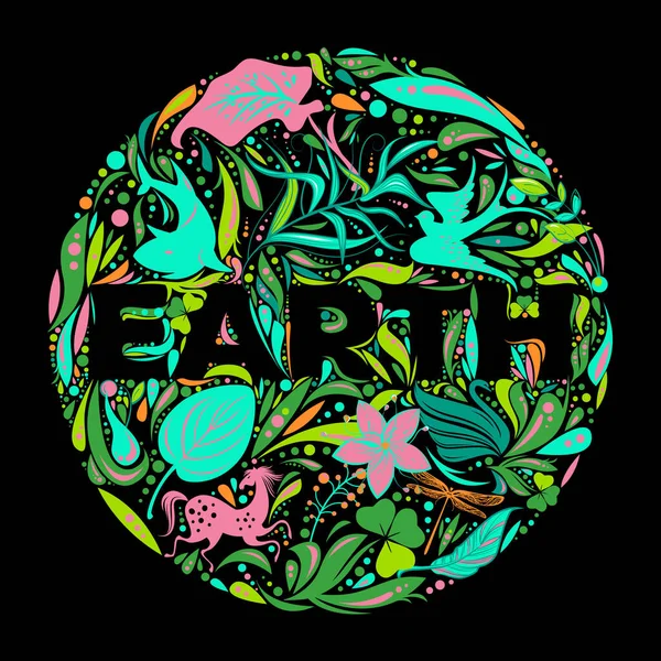 黒の背景に花や動物のアイコンとかわいい漫画グローブ画像 と表記される 地球の日 ゼロ廃棄物の概念 モチベーション生態系のバナー ポスター ベクターイラスト — ストックベクタ