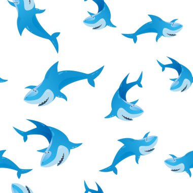 Beyaz arka planda gülümseyen köpekbalıklarıyla kusursuz bir desen. Denizci komik karakteri. Çocuksu baskı, duvar kağıdı, tekstil, çocuk kırtasiyesi, aksesuar tasarımı, ambalaj kağıdı için vektör çizimi