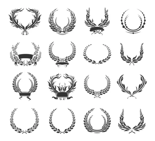 Defne çelenkleri ve kurdeleler. Ödül ya da zafer işaretleri koleksiyonu. Heraldry amblemi. Siyah renk. Vektör illüstrasyonu. 