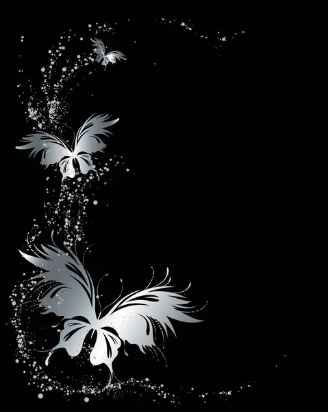Abstrakter Schwarzer Hintergrund Mit Silbernen Fliegenden Schmetterlingen Vektorrahmen Für Grafikdesign — Stockvektor