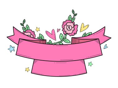Şirin pembe kurdele çizgi film silueti. Çocuklar için Doodle kawaii tasarım elementi