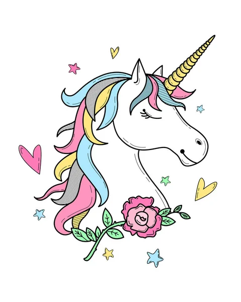 Cute Unicorn Head Flowers Hearts Stars Cartoon Character Doodle Vector — Vetor de Stock