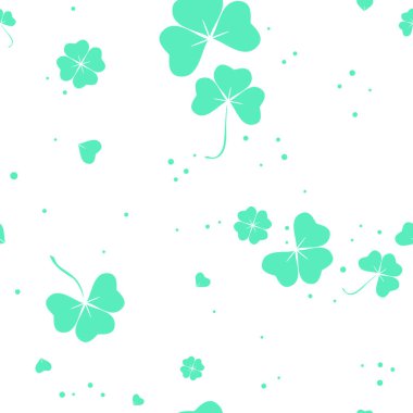 Yeşil arka planda yonca yaprakları olan soyut, pürüzsüz desen. Vektör çizimi. Giysi baskıları, moda, tekstil tasarımı, web geçmişi için şablon. Aziz Patrick Günü dekorasyonu