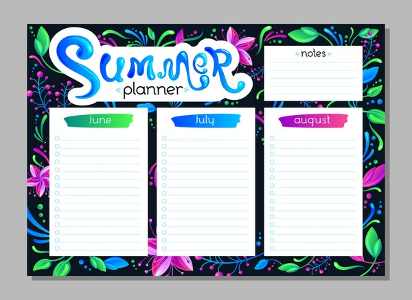 Summer Planner Set Hand Drawn Bright Exotic Floral Background Vector — Wektor stockowy