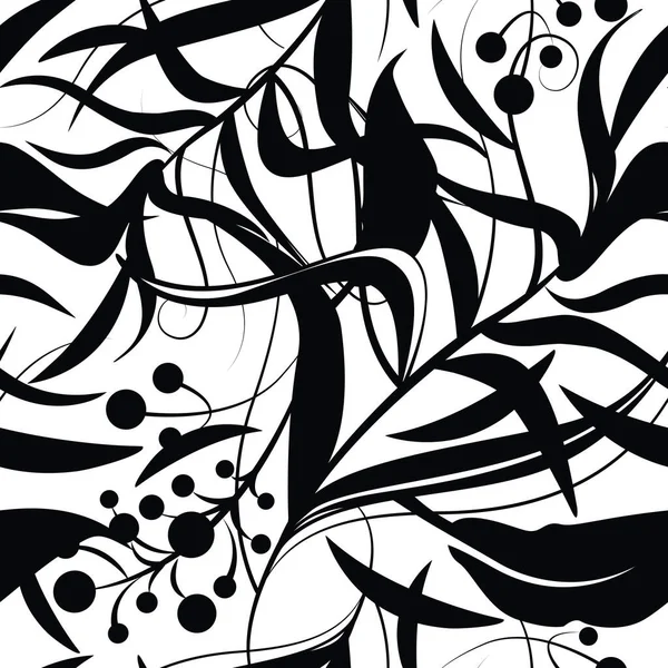 Black White Floral Seamless Pattern Silhouettes Flowers Leaf Berries Vector — Stock Vector