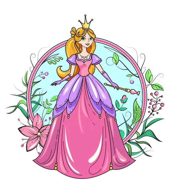 Prinzessin Wunderschönen Kleid Mit Zauberstab Charmantes Märchenmädchen Und Kreisrahmen Mit — Stockvektor