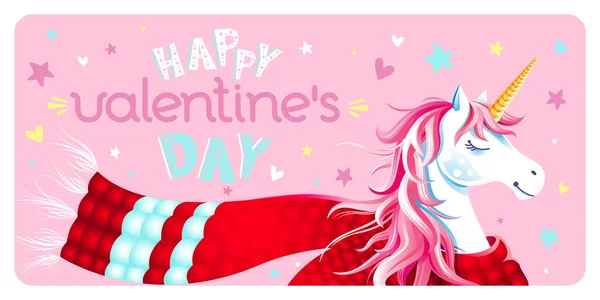 Милая Открытка День Святого Валентина Единорогом Шарфом Сердцами Звездами Розовом — стоковый вектор