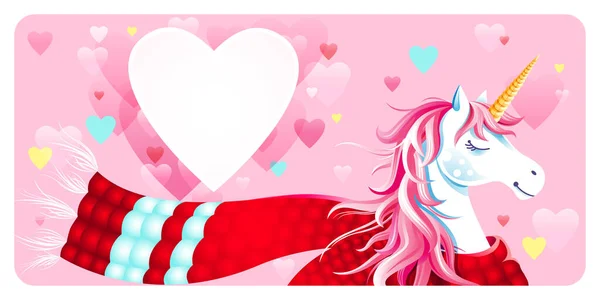 かわいいバレンタインデーやピンクの背景にユニコーン スカーフや心を持つ結婚式のグリーティングカード ハート型のフレーム 漫画のキャラクター 水平休日のベクトル背景 バナー 招待状 カバー — ストックベクタ