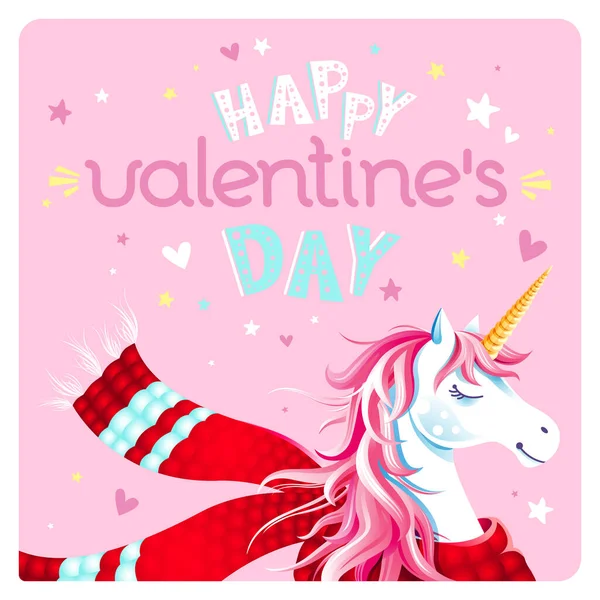 Милая Открытка День Святого Валентина Единорогом Шарфом Сердцами Звездами Розовом — стоковый вектор