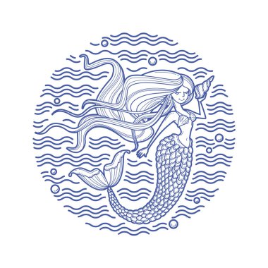 Denizkızı ve dalgalar çember amblemi. Moda, güzellik, çocuksu aksesuarlar ve kozmetik için doğrusal sanat. Uzun saçlı ve kabuklu siren silueti. Çizgi film karakteri. Doodle vektör sanatı, simge, yazdırma