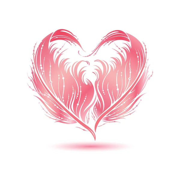 鳥の羽のシルエットで作られたピンクのハート型 エンブレム アイコン グリーティングカード 愛のコンセプト 子供っぽいアクセサリー 美しさ ファッション装飾のための新生ベクトルイラスト 白を基調とした装飾的なデザイン要素 — ストックベクタ