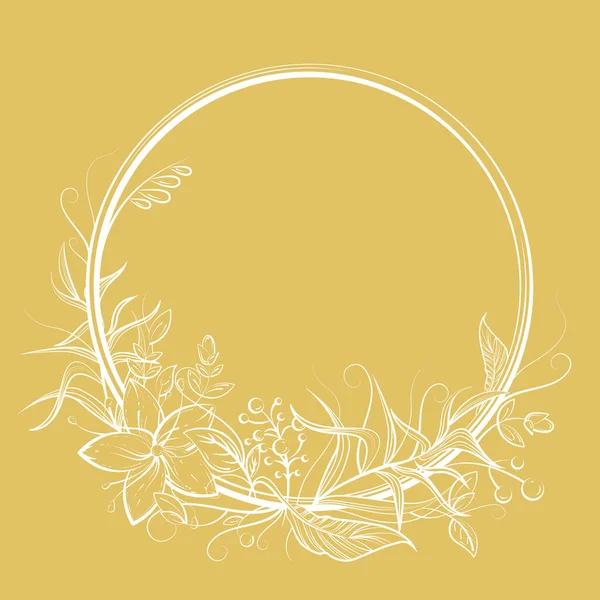 Circle Frame Flower Leaf Berry Copy Space Golden White Doodle — Stock Vector