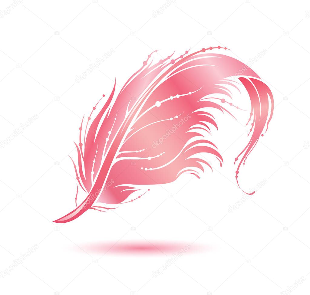 Pink bird feather icon. Decorative design element isolated on white background. Vector illustration for childish accessories, beauty, fashion decoration