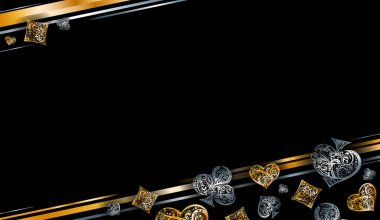 Çiçek elementleri tarafından yapılmış vektör oyun kartı sembolleriyle yatay arkaplan. Siyah arka planda gümüş ve altın renkli klasik resim. Yazdırma, web pankartı şablonu ve kumar tasarımı gibi iyi çalışır