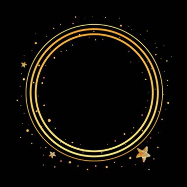 Neon dairesi şekil çerçevesi, altın ve menekşe ışıltısı ve yıldızlarla. Tatil tebrik kartı, doğum günü süsü, reklam konsepti ve internet için vektör simleri tasarımı. Metin için alanı kopyala