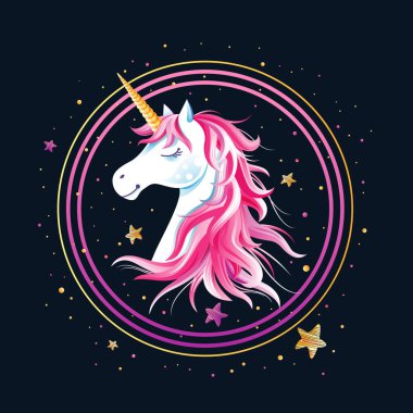 Tek boynuzlu at kafası ve siyah arka planda yıldızlar olan bir çerçeve. Çizgi film karakteri. Tebrik kartı, çocuksu aksesuarlar, kırtasiye malzemeleri, tekstil, baskı için vektör çizimi. Doğum günü partisi