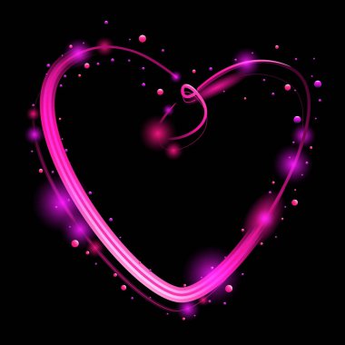 Mor ve pembe parıltılı neon kalp şeklinde bir çerçeve. Bayram tebrik kartı, Sevgililer Günü, doğum günü, düğün dekorasyonu, reklam konsepti ve internet için vektör simgesi tasarımı unsurları. Metin için alanı kopyala