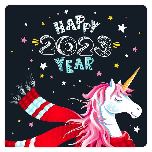 Cute New Year Christmas Greeting Card Unicorn Scarf Stars Black — ストックベクタ
