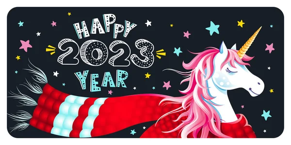 Cute New Year Christmas Greeting Card Unicorn Scarf Stars Black 免版税图库矢量图片