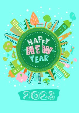 Calendar 2023 year cover. Cute Earth globe poster or greeting card with hand-drawn cheerful holiday text 