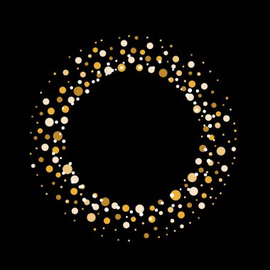 Golden Dust Dots circle frame. Abstract glitter background with dots and sparkles on black. Copy space for text