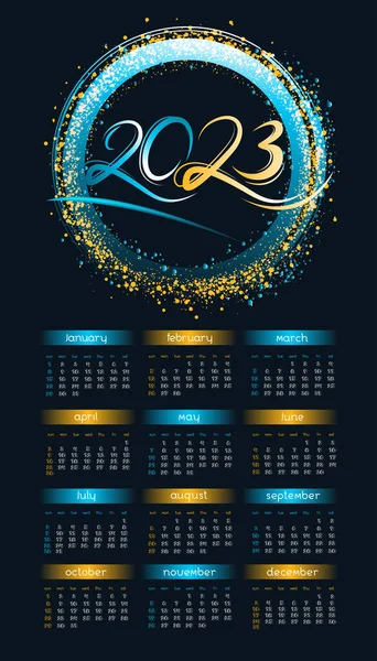 2023 Rok Pionowy Kalendarz Neonową Ramą Okrągłą Złotym Niebieskim Blaskiem — Wektor stockowy