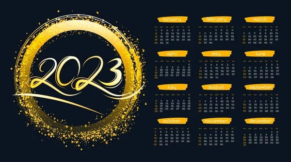 2023 Ano Calendário Horizontal Com Quadro Círculo Néon Com Brilho — Vetor de Stock