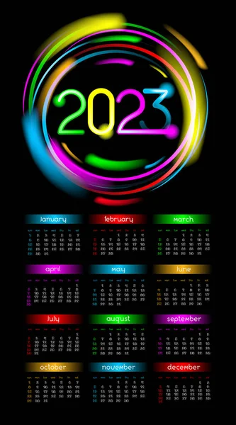 Calendario Vertical 2023 Años Con Marco Círculo Neón Con Brillo — Vector de stock