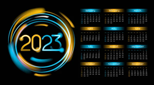 Calendario Horizontal 2023 Años Con Marco Círculo Neón Con Brillo — Vector de stock