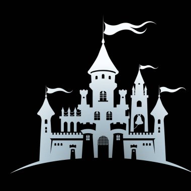 Tepede duran gümüş kale silueti. Siyah arka planda soyut masal kalesi. Çizgi film vektör çizimi. Çocuk aksesuarları, seyahat, turizm, fantezi tasarım unsuru veya giysi, kumaş baskısı