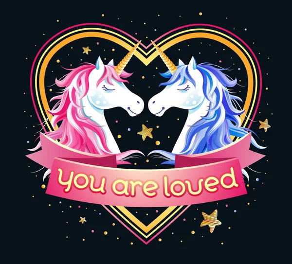 Bentuk Hati Bingkai Dengan Dua Unicorn Bintang Dan Huruf Anda - Stok Vektor