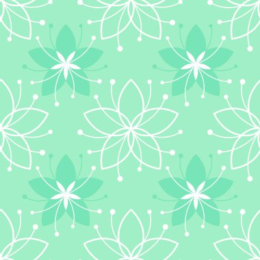 Çiçeksiz desenli ve sade çiçekli güzel bir çiçek. Nane yeşili ve beyaz arka plan. Tekstil, ambalaj kağıdı, kumaş, tebrik kartı, moda. Doğa melodisiyle vektör arkaplanı