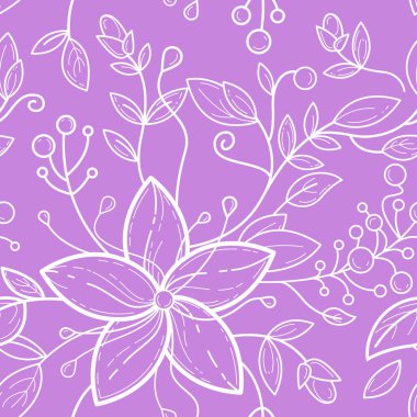 Mor ve beyaz 5 yaprak, yaprak, oyuk, böğürtlen desenli şirin, pürüzsüz desen. Vektör hattı sanatı moda, tekstil, tebrik kartları, hediye paketleme kağıdı, çiçek melodisiyle hatıra defteri.