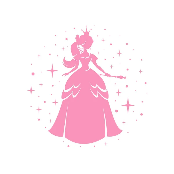 Prinzessin Silhouette Steht Einem Schönen Kleid Mit Zauberstab Kreisrahmen Hintergrund — Stockvektor