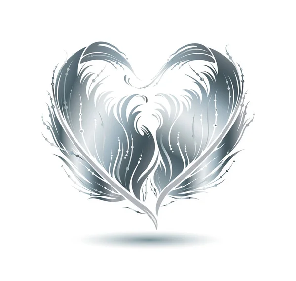 Heart Shape Made Silver Bird Feather Silhouette Ornate Vector Illustration — Stock Vector