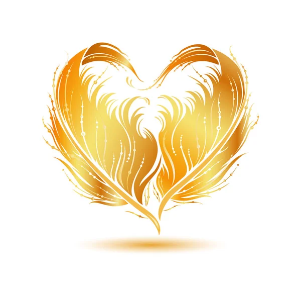 金色の鳥の羽のシルエットで作られたハート型 エンブレム アイコン グリーティングカード 愛のコンセプト 美しさ ファッション装飾のためのOrnateベクトルイラスト 白を基調としたデザイン要素 — ストックベクタ