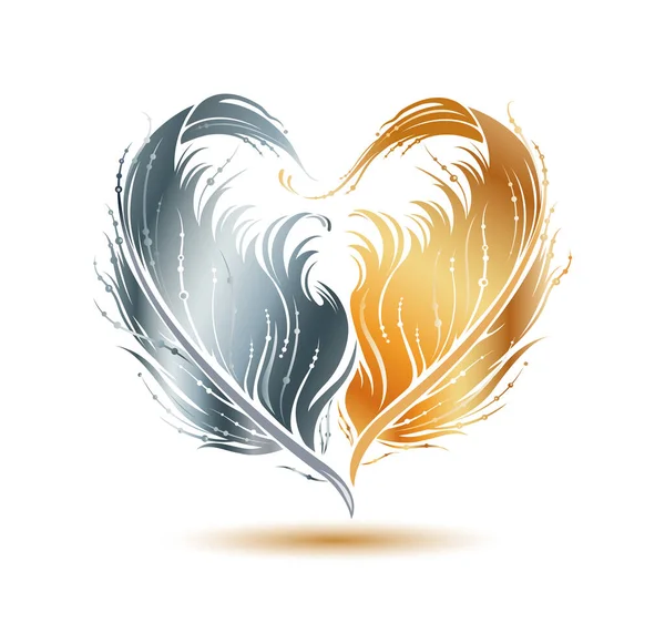 Heart Shape Made Golden Silver Bird Feather Silhouette Ornate Vector — Stock Vector