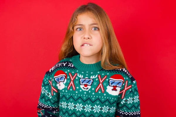 Beautiful Girl Wearing Christmas Sweater Being Nervous Scared Biting Lips — Stock Photo, Image