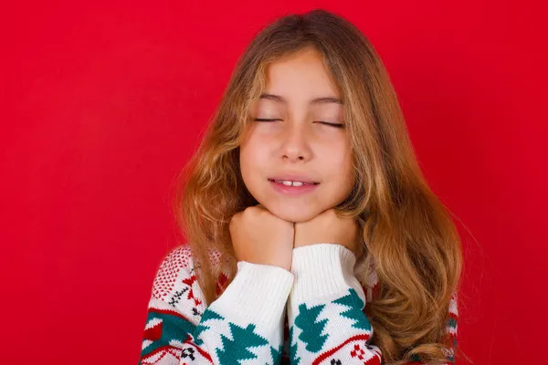 Cheerful Beautiful Girl Wearing Sweater Has Shy Satisfied Expression Smiles — Stock Photo, Image