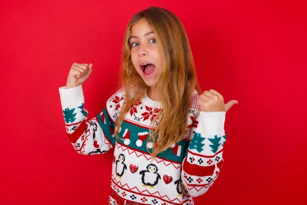 Hooray Cool Beautiful Girl Wearing Sweater Point Back Empty Space — Stock Photo, Image