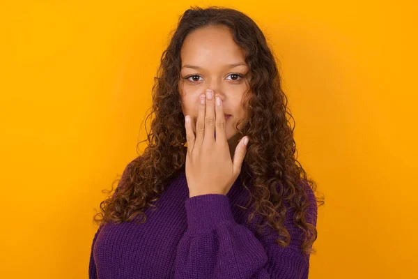 Think Said Close Portrait Woman Wearing Purple Sweater Standing Yellow — Stock Photo, Image
