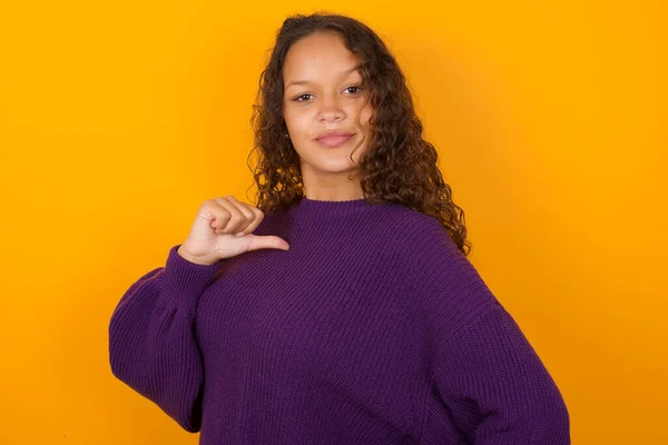 Closeup Cheerful Woman Wearing Purple Sweater Standing Yellow Background Looks — Stock Photo, Image