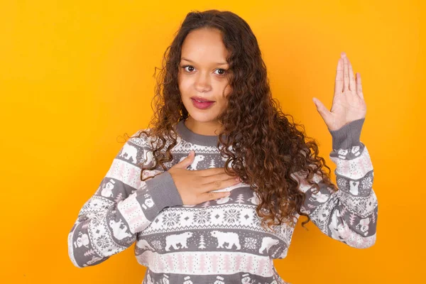 Swear Promise You Regret Portrait Sincere Woman Wearing Christmas Sweater — Stock Photo, Image