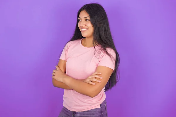 Hispanic Brunette Girl Wearing Pink Shirt Purple Background Crosses Hands — Stock Photo, Image