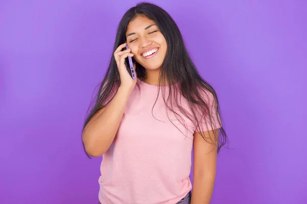 Funny Young Hispanic Girl Wearing Pink Shirt Purple Background Laughs — Stock Photo, Image