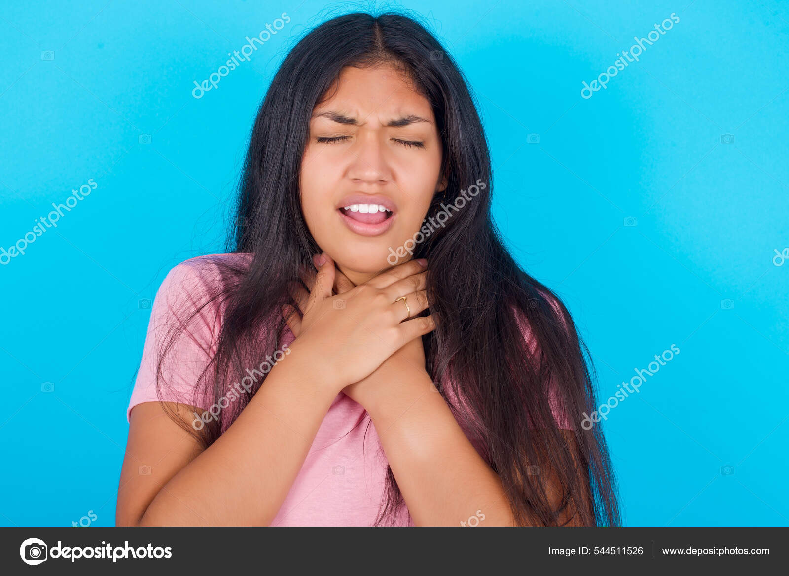 Teenage Girl Shouting Suffocate Because Painful Strangle Health Problem  Asphyxiate Stock Photo by ©Srtajihan 544511526