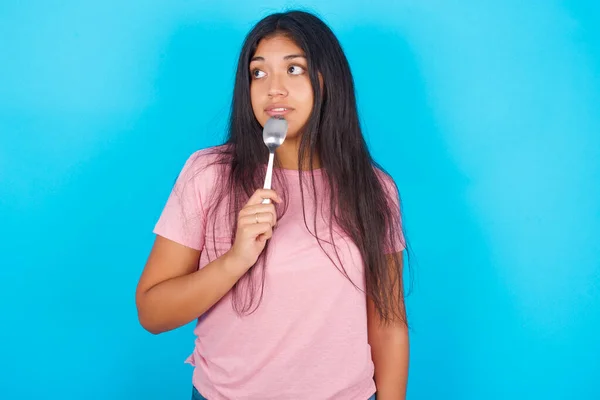 Very Hungry Teenage Girl Holding Spoon Mouth Dream Tasty Meal — Stock Photo, Image