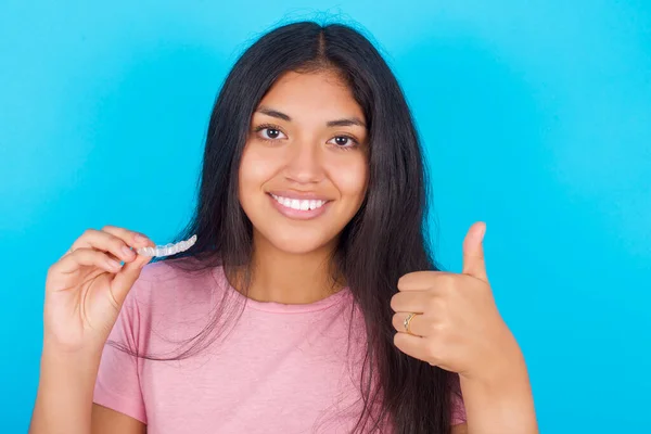 Girl Holding Invisible Braces Aligner Rising Thumb Recommending New Treatment — Stock Photo, Image