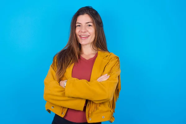 Woman Wearing Jacket Blue Studio Background Being Happy Smiling Crossed — Stock Photo, Image